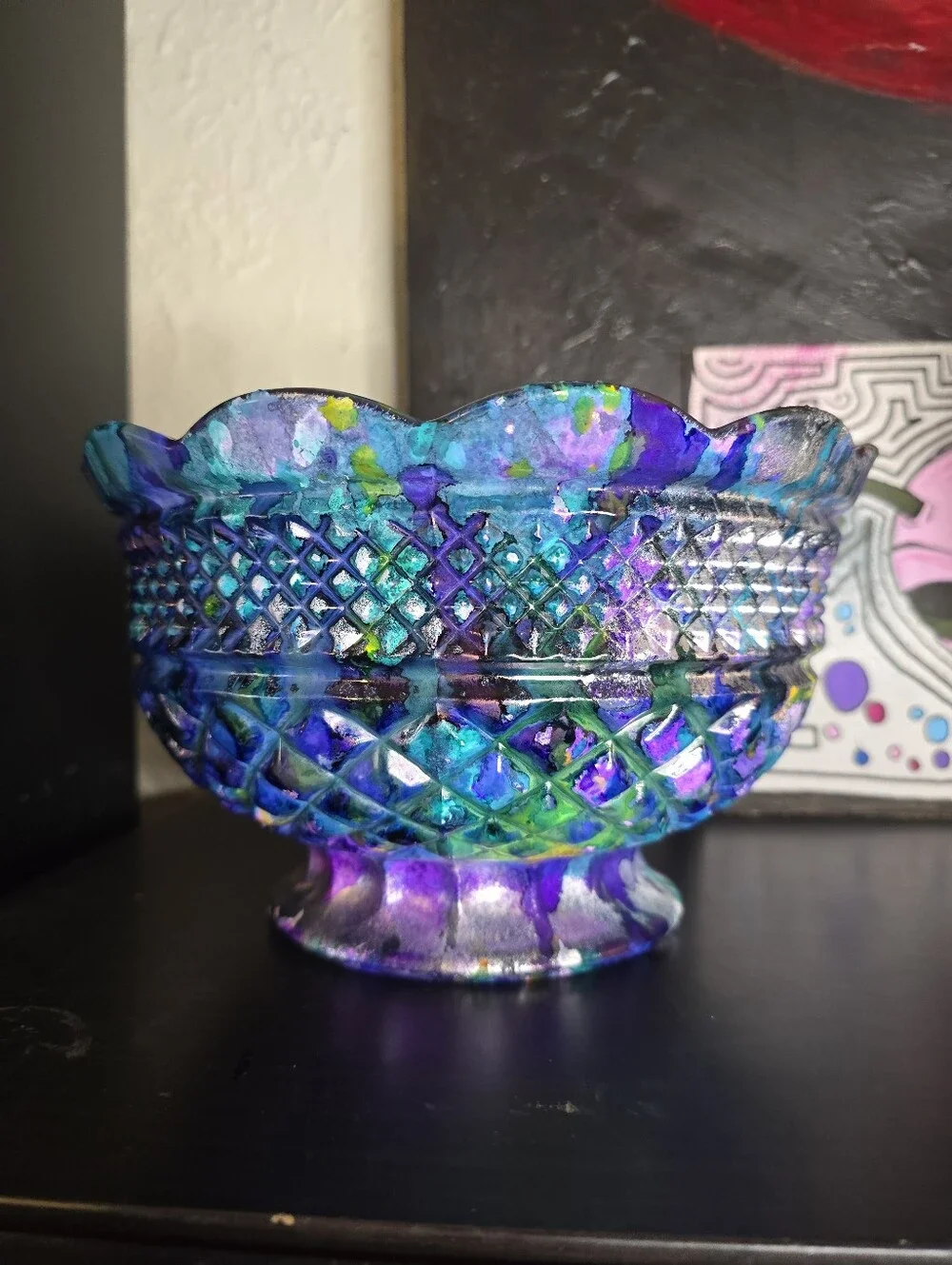 HANDCRAFTED Upcycled Glass Bowl HANDPAINTED Decorative Etched Glass Bowl W Stem
